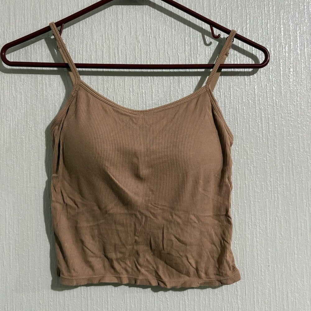 Set of Two Built In Bra Crop Tank Longline Bra Tops Brown & Blue Ribbed Women M